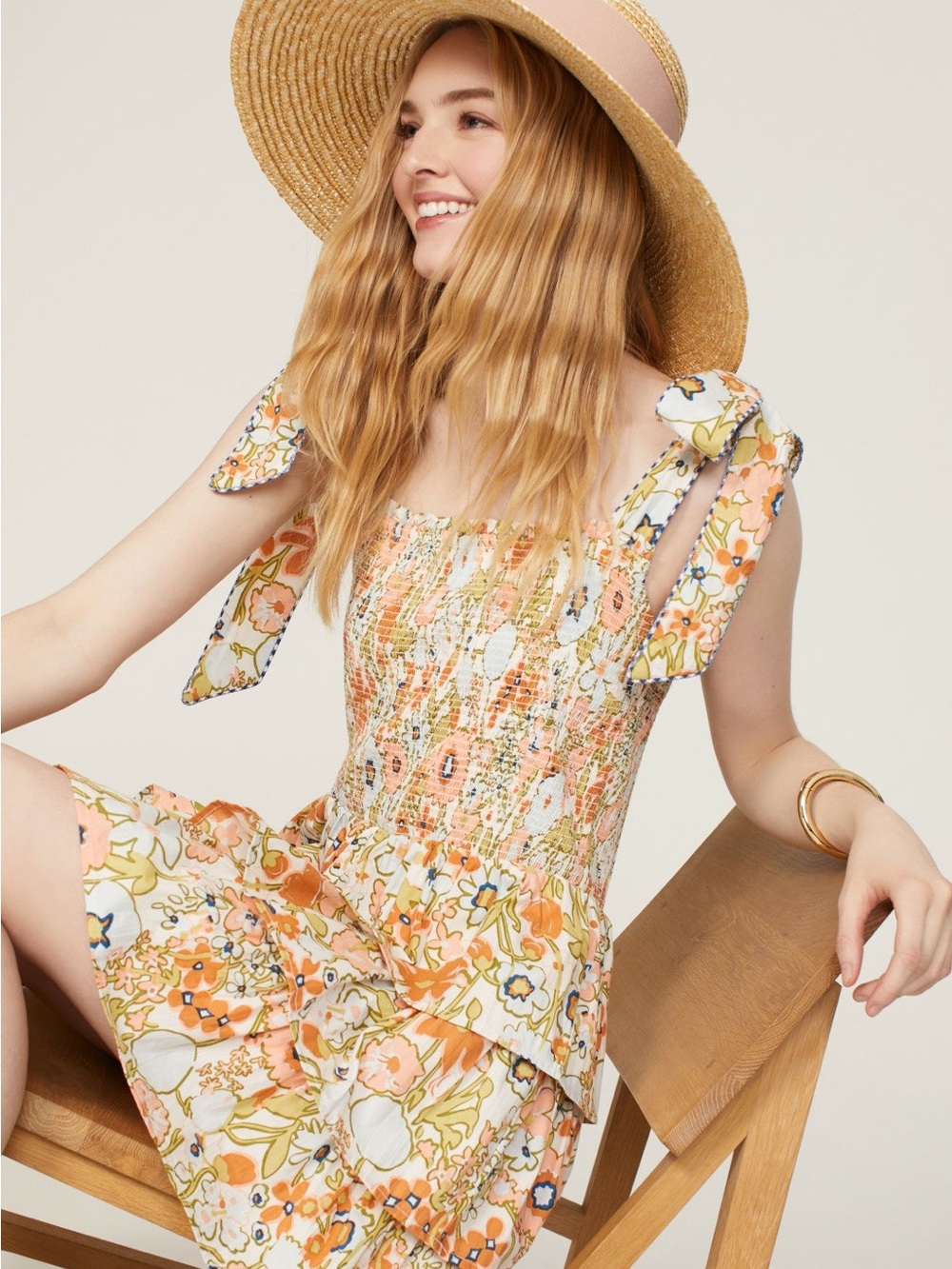 Cleobella Tamara Mini Dress retro Floral Smocked Tie-Shoulder Sundress XS